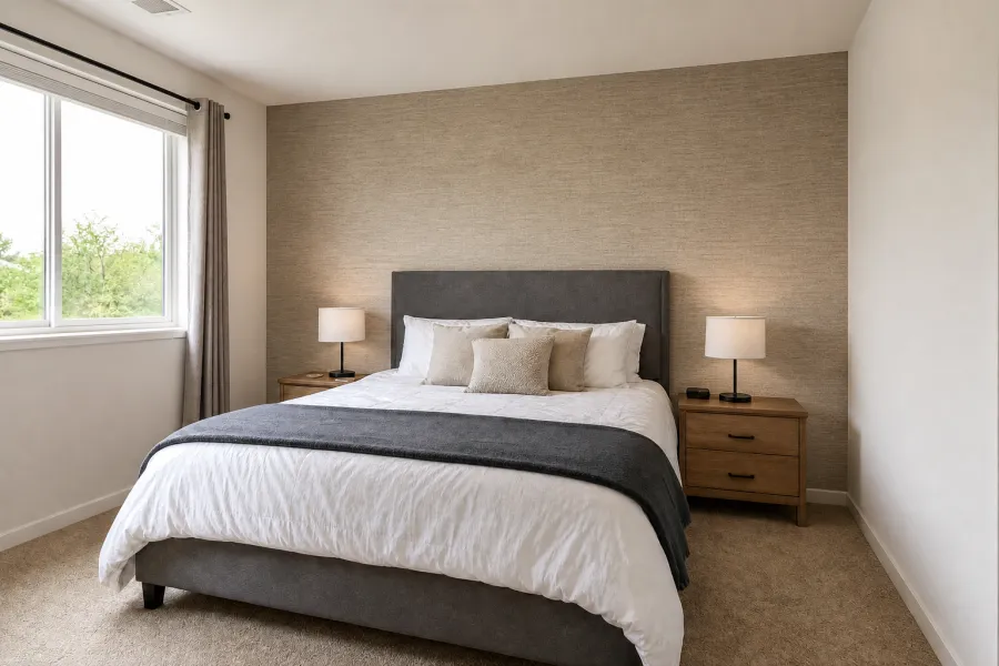 Same bedroom after taupe grasscloth wallcovering installation