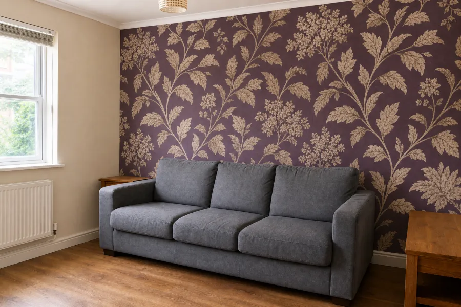 Same living room after plum botanical wallpaper installation