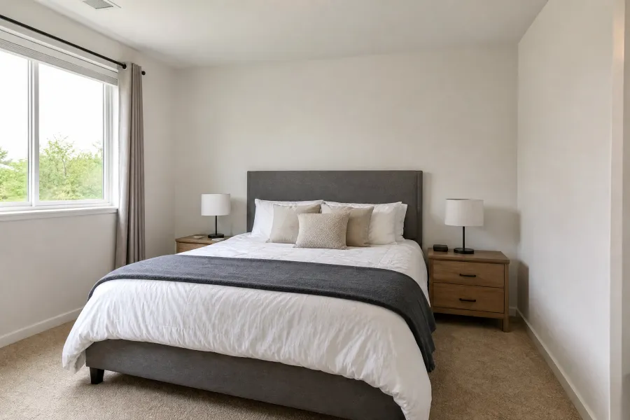 Bedroom with plain painted walls before wallpaper installation