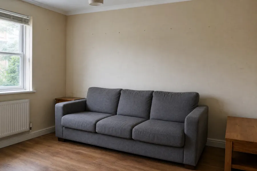 Living room with plain painted walls before wallpaper installation