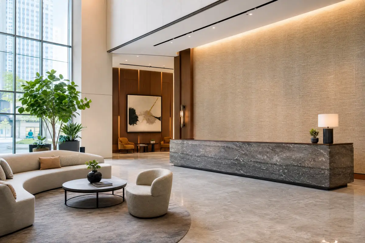 Commercial vinyl wallcovering in a Houston hotel lobby with a marble reception desk