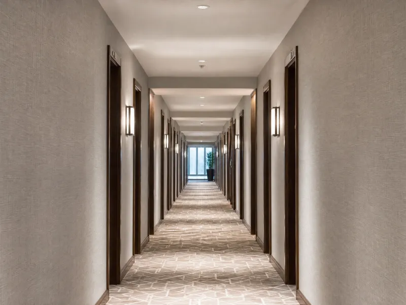 Textured vinyl wallcovering along a hotel corridor