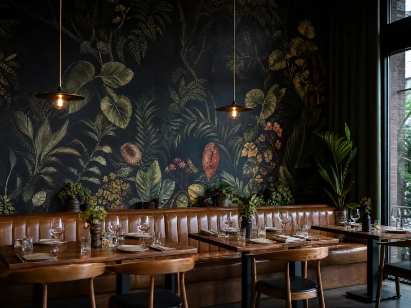 Dark botanical wallpaper in a restaurant dining room