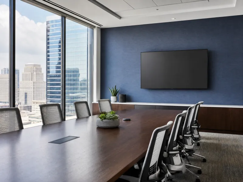 Slate-blue wallcovering in a corporate conference room