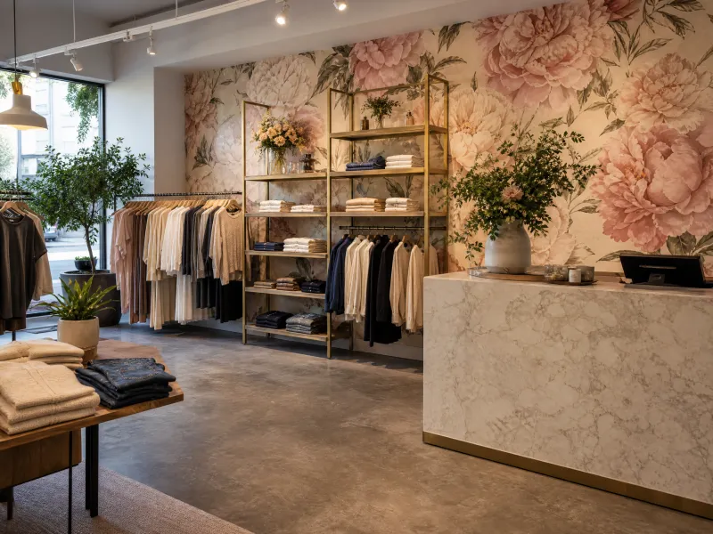Oversized floral wallpaper in a boutique retail fitting area