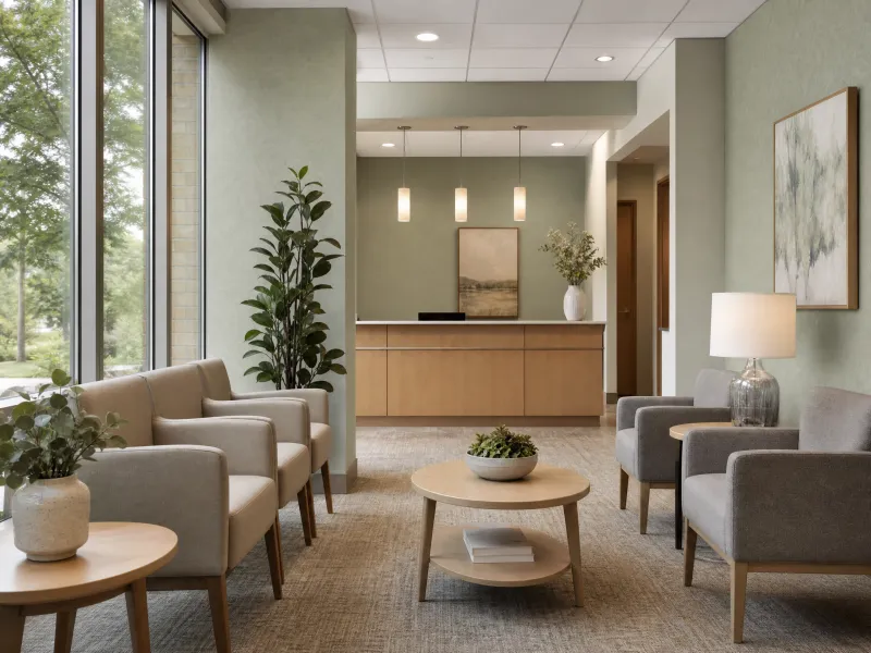 Sage-green wallcovering in a medical office waiting room