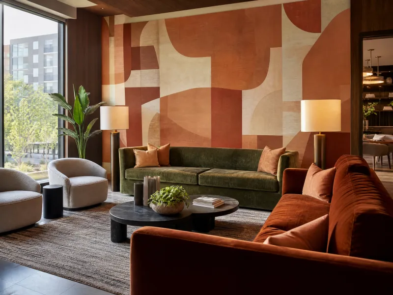 Terracotta mural wall in a multifamily amenity lounge