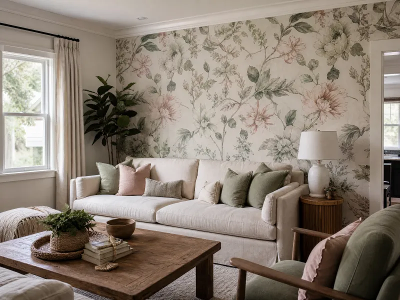 Floral accent wall behind a sofa in a Houston living room