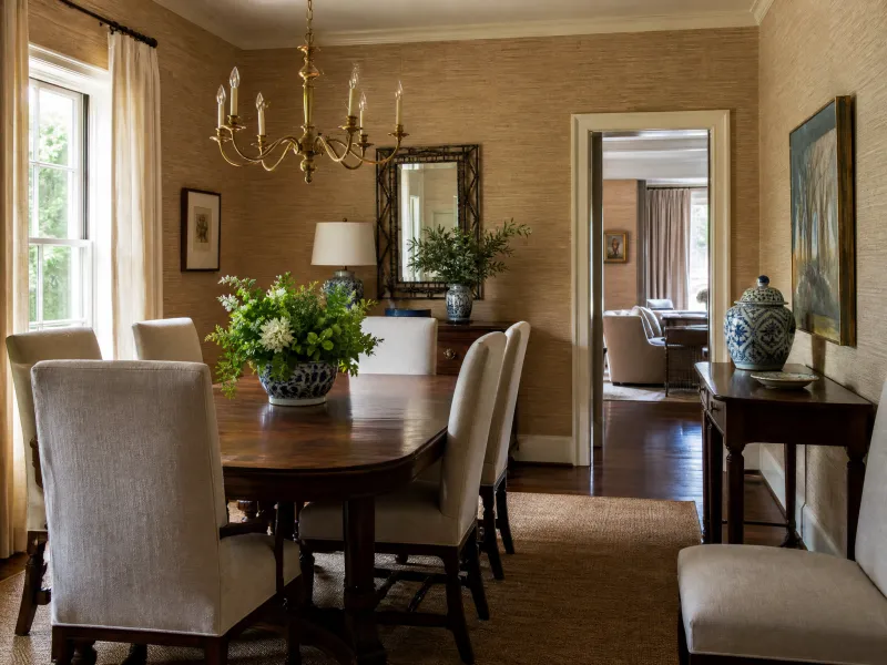 Grasscloth wallcovering in a dining room with a walnut table