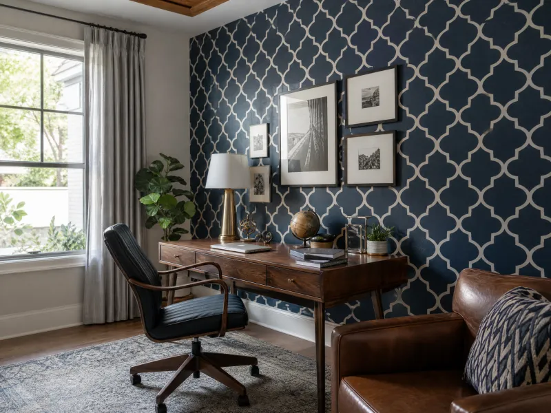 Navy geometric wallpaper in a Houston home office