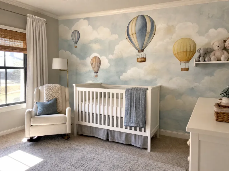 Hot air balloon mural in a nursery with a white crib