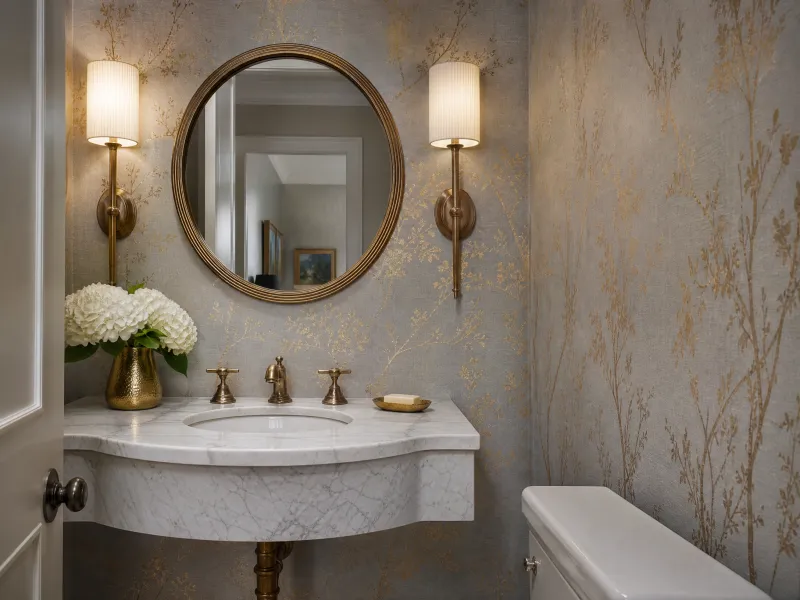 Metallic wallpaper in a Houston powder room with a round mirror