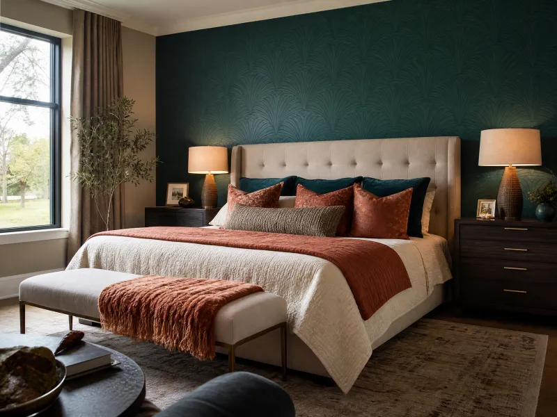 Teal art deco wallpaper behind an upholstered bed