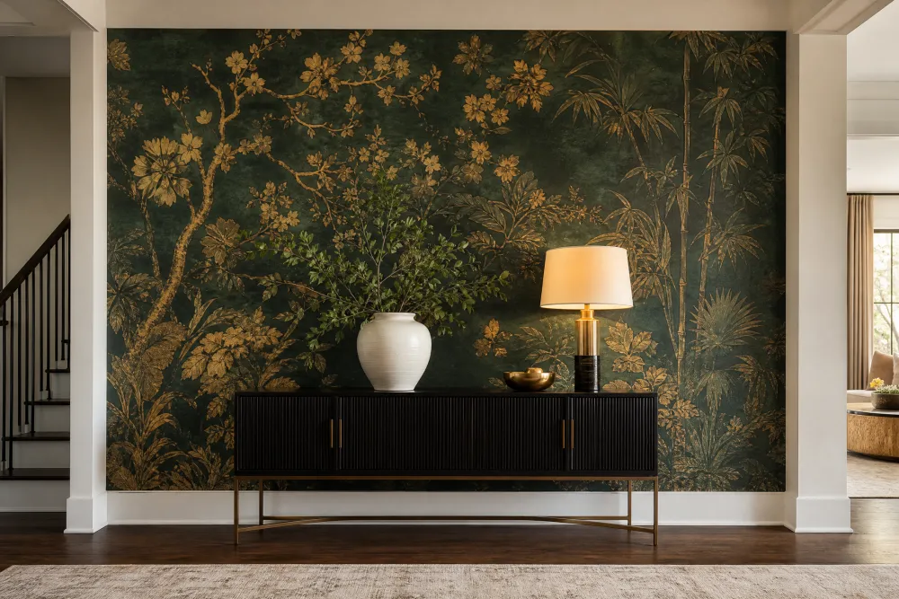 Bold botanical accent wall behind a console table in a bedroom