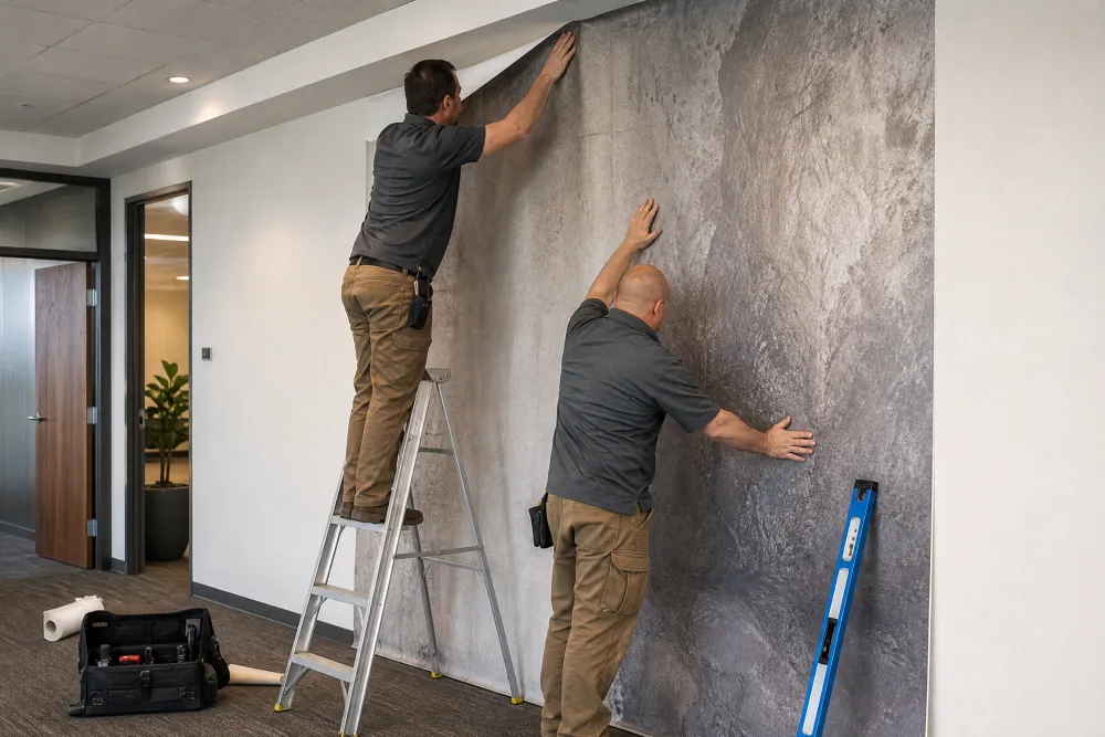 Installers hanging wide vinyl wallcovering panels in an office corridor