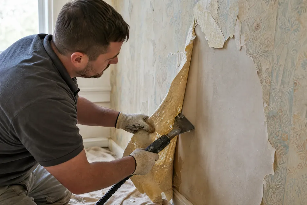 Technician steam-stripping old wallpaper from a wall