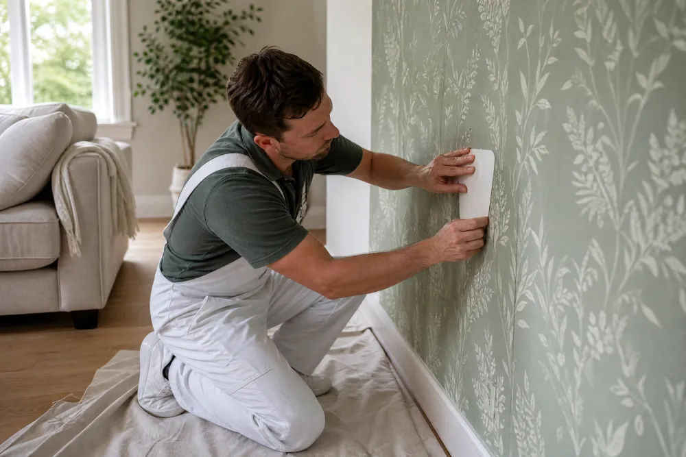 Installer smoothing a wallpaper panel with a smoothing brush